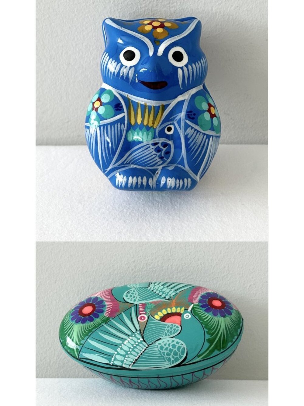 2 Mexican Talavera Pottery Jewelry Trinket Box Owl Bird Floral Hand Painted Clay